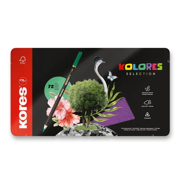 Trojhranné pastelky Kores Kolores Selection - plechová krabička, 72 barev