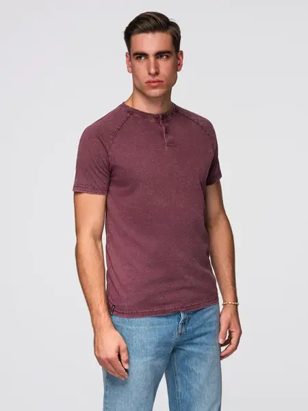 Ombre Men's T-shirt with wash effect and buttons at neckline - burgundy
