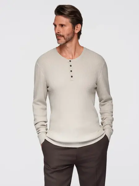 Ombre Men's ribbed sweater with buttons at the neckline - beige