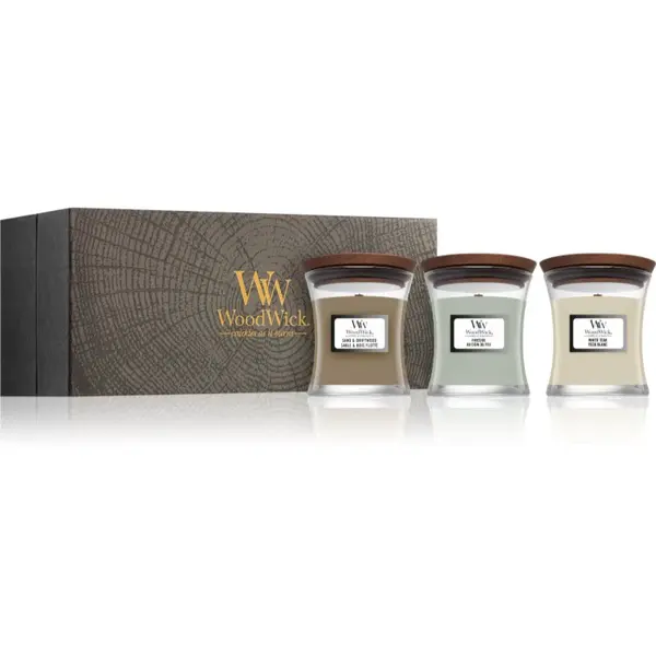 Woodwick Fireside + White Teak + Sand & Driftwood dárková sada