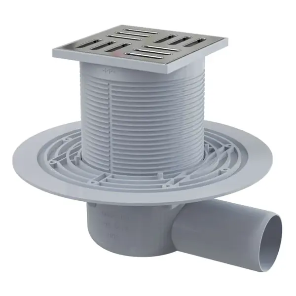 Alcadrain Odtokové kanálky - Podlahová vpust boční 11x11 cm, průměr 5 cm,  vodní zápachová uzávěra, nerez/plast APV101