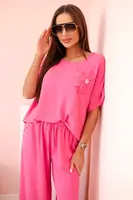 Kesi Włoski Dámský komplet z viskózy s ozdobným květem a širokými kalhotami - růžový