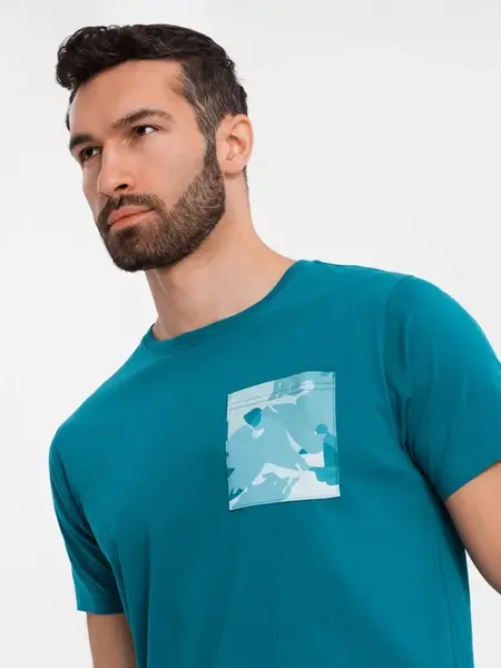 Ombre Men's cotton t-shirt with printed pocket - turquoise