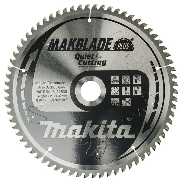 Makita Příslušenství - Pilový kotouč na dřevo, 260x30 mm, 70 zubů B-32530