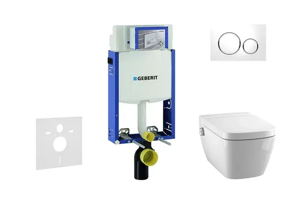 Geberit Kombifix - Modul na závesné WC s tlačidlom Sigma20, biela/lesklý chróm + Tece One - sprchovacia toaleta a doska, Rimless, SoftClose 110.302.00