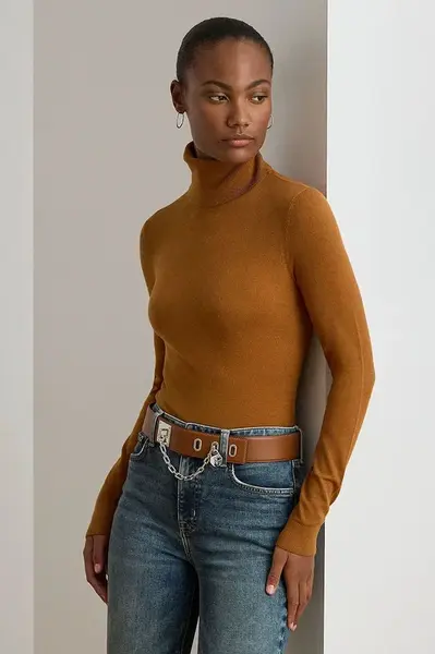 Svetr s přídavkem hedvábí Lauren Ralph Lauren hnědá barva, s golfem, 200940470