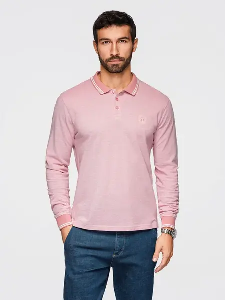 Ombre Men's melange polo longsleeve with embroidery - pink melange