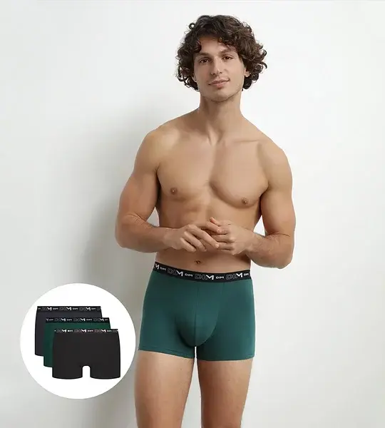 DIM COTTON STRETCH BOXER 3x - Pánske boxerky 3 ks - tmavo zelená - modrá - čierna