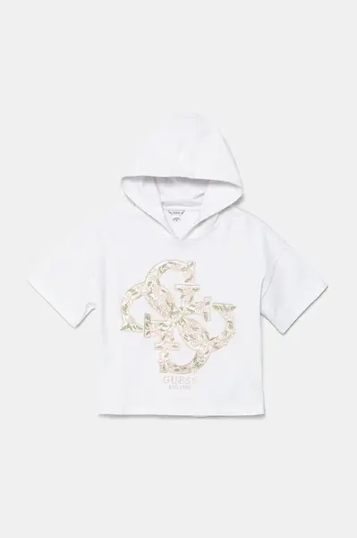 Dětská bavlněná mikina Guess bílá barva, s kapucí, s aplikací, J5GQ02 KA6R4