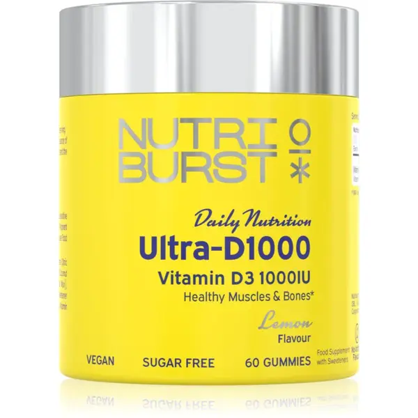 Nutriburst Daily Nutrition Ultra‑D1000 žuvacie mäkké tobolky pre normálnu funkciu imunitného systému, stav kostí, zubov a činnosť svalov príchuť Lemon