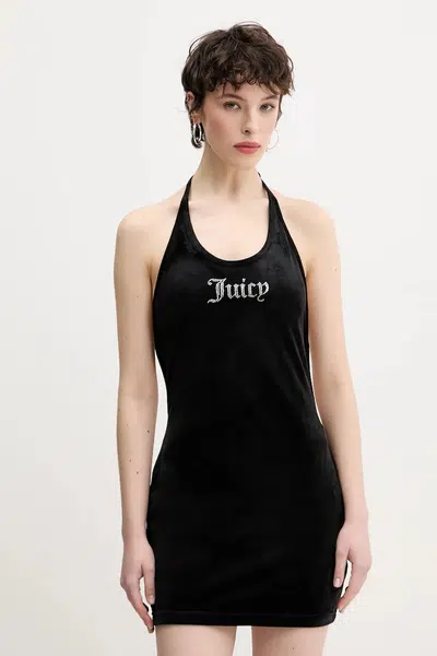 Velurové šaty Juicy Couture HALTER černá barva, mini, JCWED125326