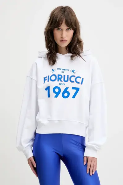 Bavlněná mikina Fiorucci Dreaming 1967 Print Boxy Fit Cropped Hoodie dámská, bílá barva, s kapucí, s potiskem, W01SMSHO269CJ05WH01