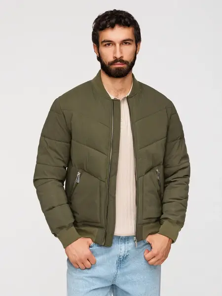 Ombre Men's quilted bomber jacket with metal zippers - dark olive green