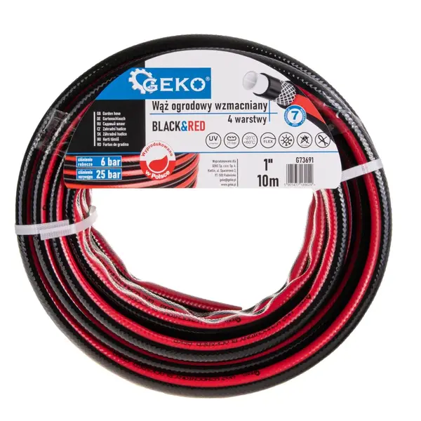 GEKO Zahradní hadice 1", zesílená, černo-červená, 10 m