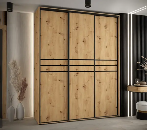 Šatní skříň Davos 10 - hloubka 45 cm - šířka 200 cm - Dub artisan/ Dub artisan + černá