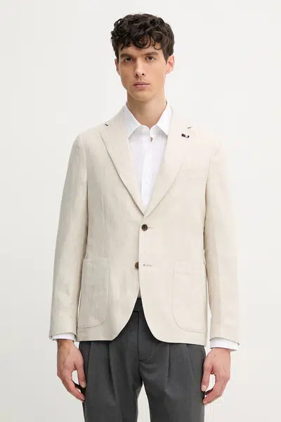 Plátěné sako Tommy Hilfiger pánské, béžová barva, SQTHL5966.SQTH500