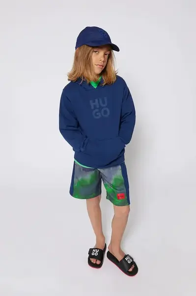 Dětská bavlněná mikina HUGO tmavomodrá barva, s kapucí, s aplikací, G00349