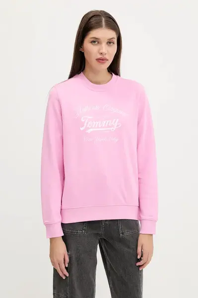 Bavlněná mikina Tommy Jeans dámská, růžová barva, s potiskem, DW0DW20942
