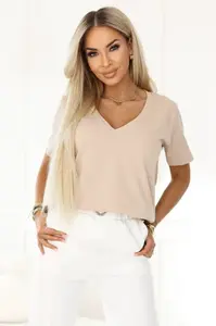 Bavlněný dámský top s V-výstřihem a krátkým rukávem – béžový