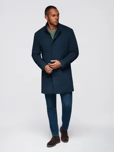 Ombre Men's tailored structured coat with high collar - navy blue