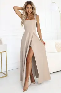 633-1 AURELIA long dress with a slit and a diamond neckline - beige with glitter
