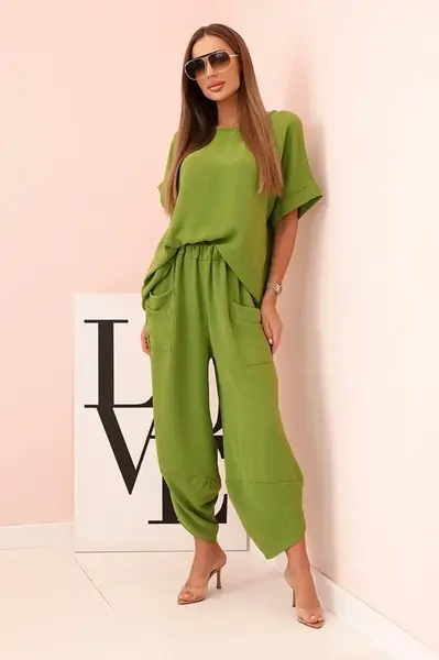 Kesi Włoski Komplet z viskózy blúzka + nohavice olivová