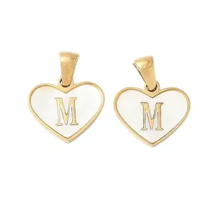 304 Stainless Steel Pave Natural White Shell Heart with Initial Slice Pendants