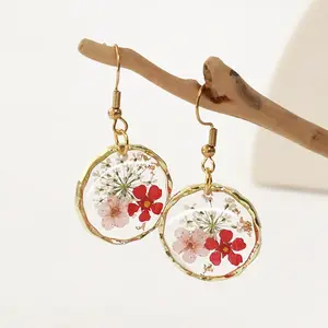 Alloy Epoxy Dried Flower Dangle Earrings