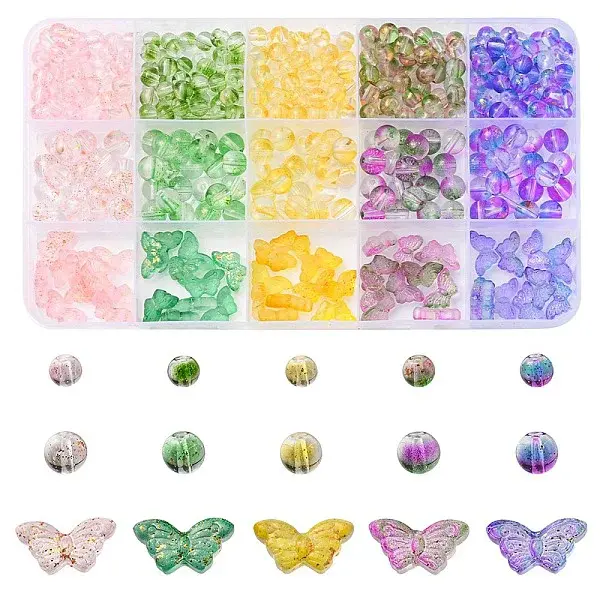 410Pcs 15 Style Transparent Spray Painted Glass Beads