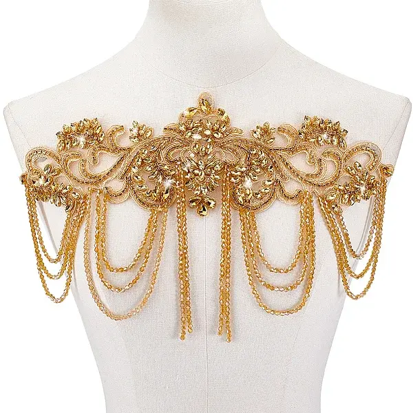 Flower Glass Bead with Rhinestone Tassel Embroidery Sew on Cloth Patches