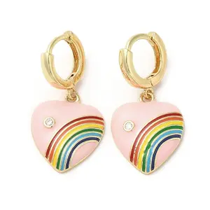 Heart with Rainbow Golden Brass Dangle Hoop Earrings