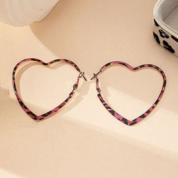 Hollow Heart with Leopard Print Alloy Hoop Earrings