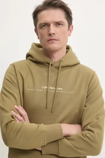 Mikina Calvin Klein Jeans pánska, zelená farba, s kapucňou, s potlačou, J30J327076