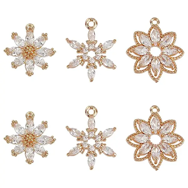 6Pcs 3 Styles Brass Micro Pave Cubic Zirconia Pendants