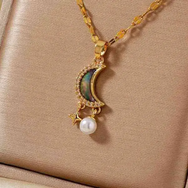 Chic Brass Crystal Rhinestone Moon Star Pendant Necklaces