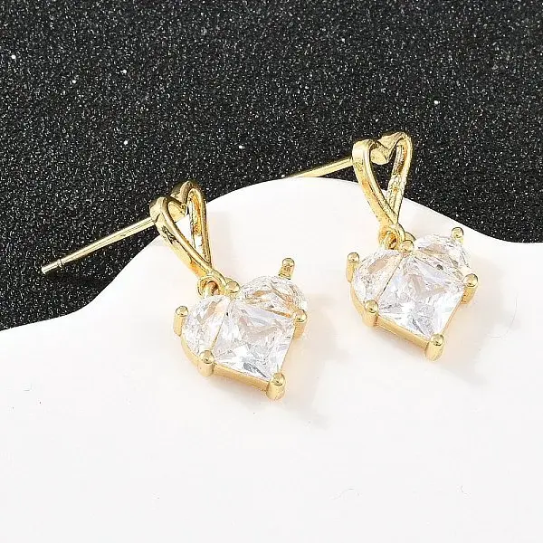 Brass Clear Cubic Zirconia Heart Dangle Stud Earrings