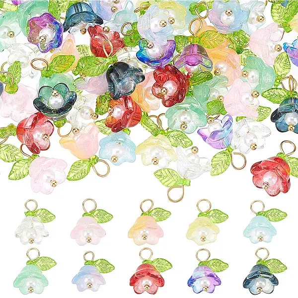 60Pcs 10 Color Glass Flower Pendants