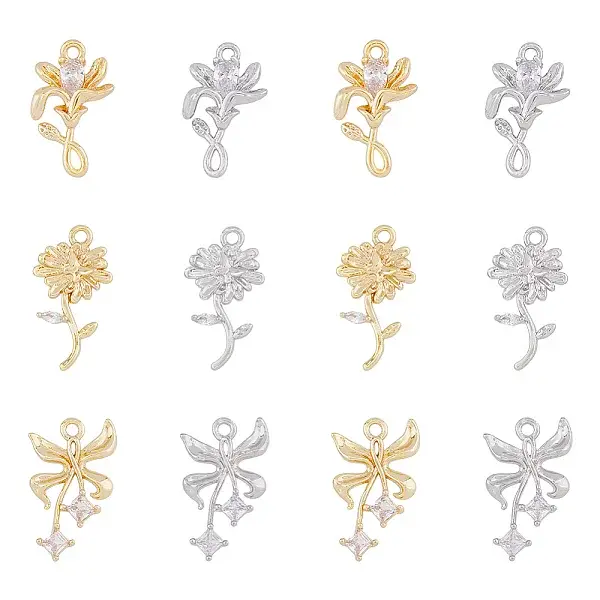 12Pcs 6 Styles Brass Micro Pave Cubic Zirconia Pendants