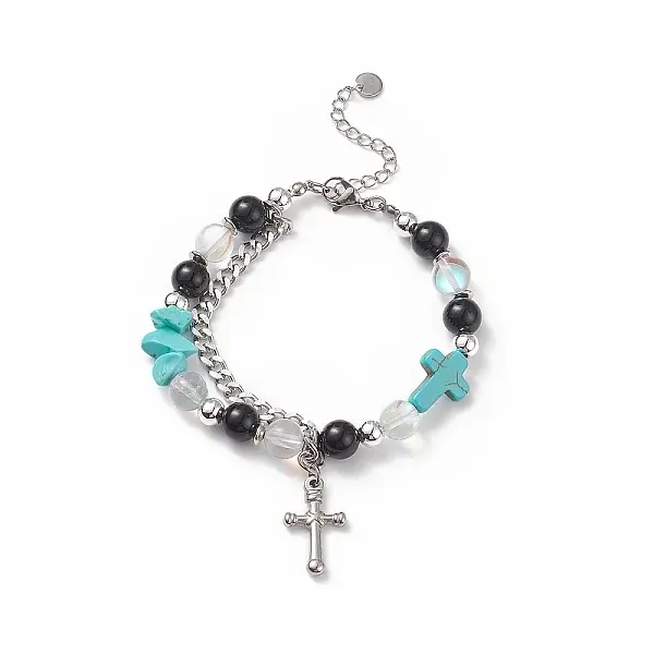 Natural & Synthetic Mixed Stone Beaded Bracelet with Cross Charm