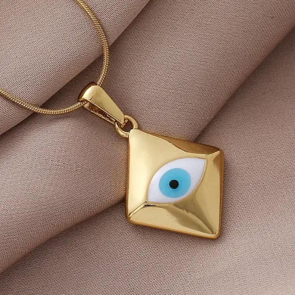 Fashion 304 Stainless Steel Enamel White Evil Eye Rhombus Pendant Necklaces