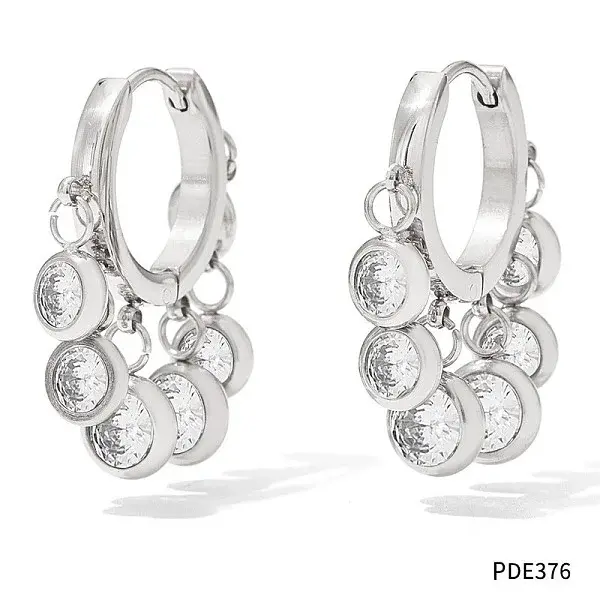 304 Stainless Steel Cubic Zirconia Flat Round Tassel Chandelier Earrings