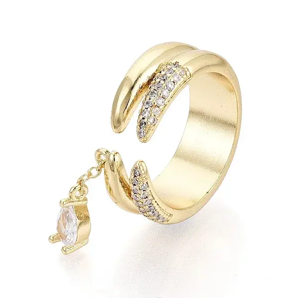 Brass Micro Pave Clear Cubic Zirconia with Teardrop Pendant Cuff Open Rings
