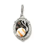 Brass Black Enamel Oval Pendants with Glitter Powder