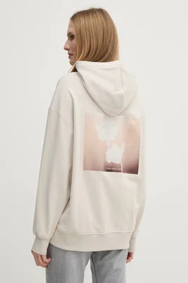 Bavlněná mikina Calvin Klein Jeans dámská, béžová barva, s kapucí, hladká, J20J225080