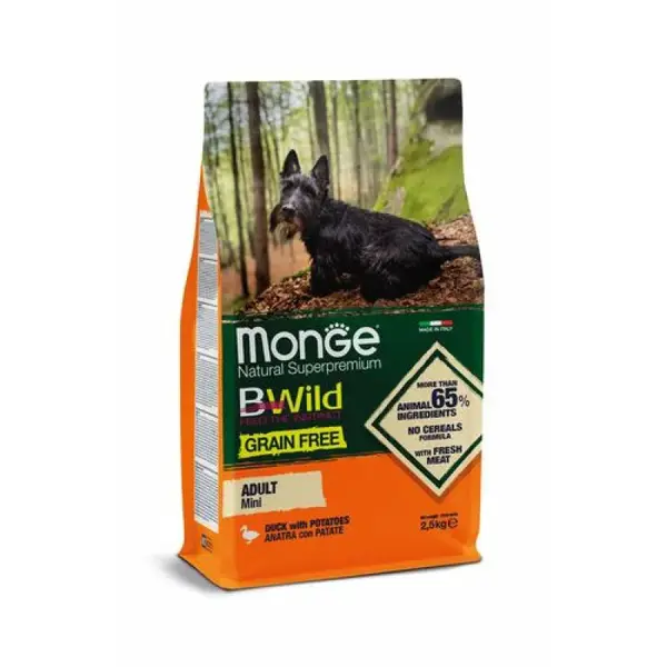 MONGE BWild Grain Free Mini Adult 2,5kg bezobilninové kompletné krmivo pre dospelých psov malých plemien s kačacím mäsom a zemiakmi