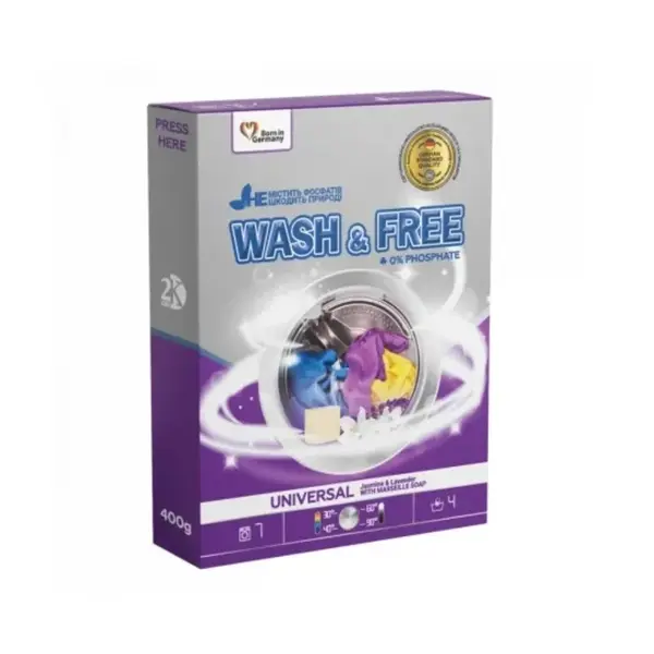 Wash&Free univerzální prací prášek s marseilským mýdlem Jasmín a Levandule 400 g / 7 praní