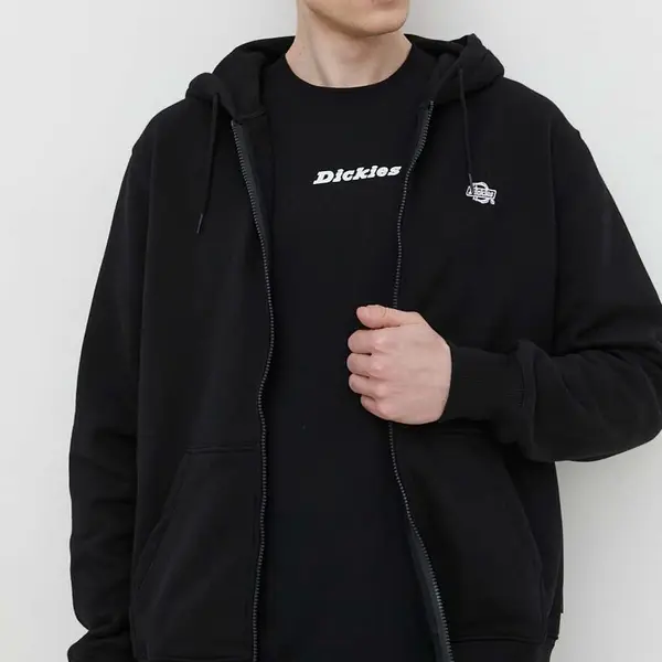 Mikina Dickies SUMMERDALE ZIP THROUGH pánská, černá barva, s kapucí, hladká, DK0A4YQA