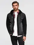 Ombre Men's denim jacket with knitted sleeves and hood - black