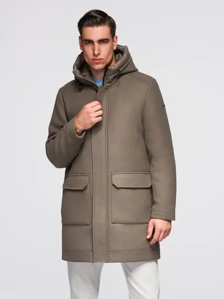 Ombre Men's parka coat with wool and hood - khaki