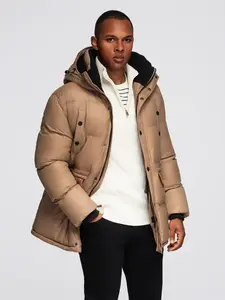 Ombre Men's long puffer jacket with snap pockets - brown